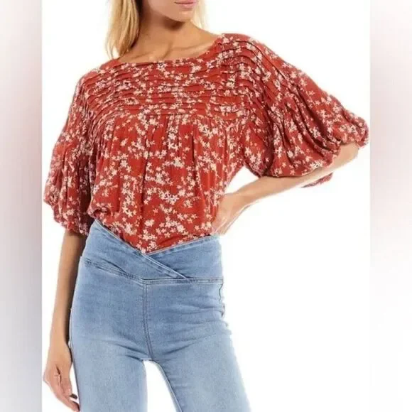 Free People Dessa Bodysuit Orange Floral Puff Sleeves Size XS - Picture 10 of 10